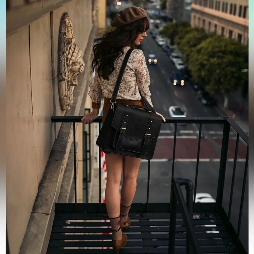 Esecosusi Black Leather Messenger Bag Briefcase Top Handle Crossbody Bag Bookbag